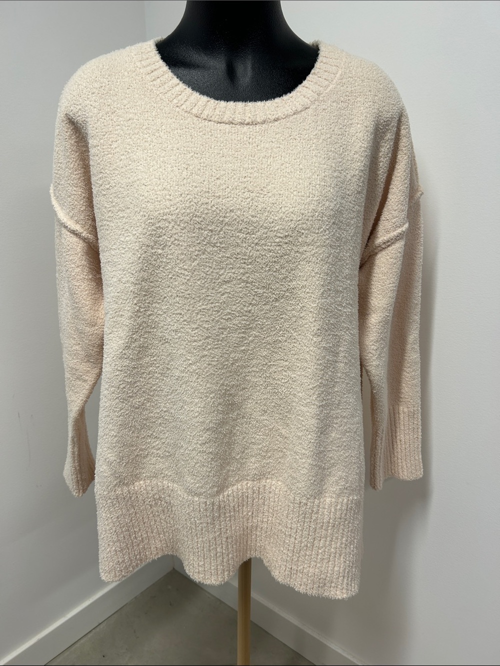 Anrabess Large Cream Fuzzy Knit Oversized Tunic Sweater Side Slit Slouchy